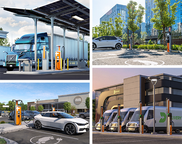 A collage showing various electric vehicles at ChargePoint charging stations in different commercial and urban settings.