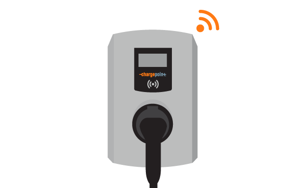 Illustration of an electric vehicle (EV) charging station labeled "ChargePoint" with a wireless signal icon on the top right corner.