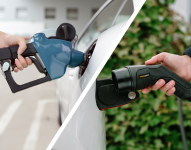 Split image of hand refueling a car and plugging a ChargePoint connector into an electric car.