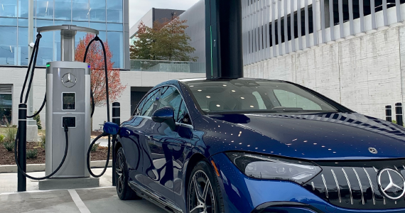 Mercedes Benz EV charging with branded ChargePoint station