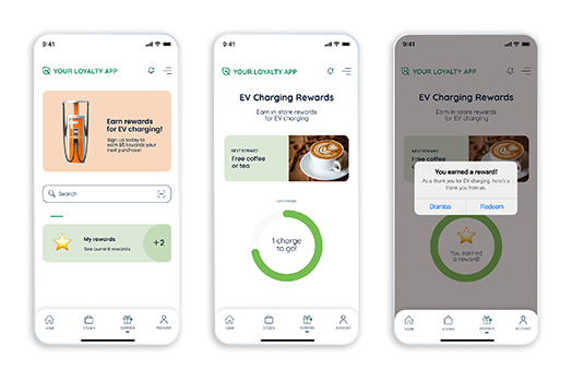 3 phone screens with ChargePoint loyalty program screen